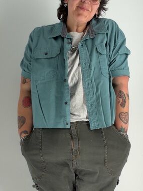Vintage Wrangler Cropped Work Shirt Mens 3XL Boxy Cuff Sleeve Teal Utility